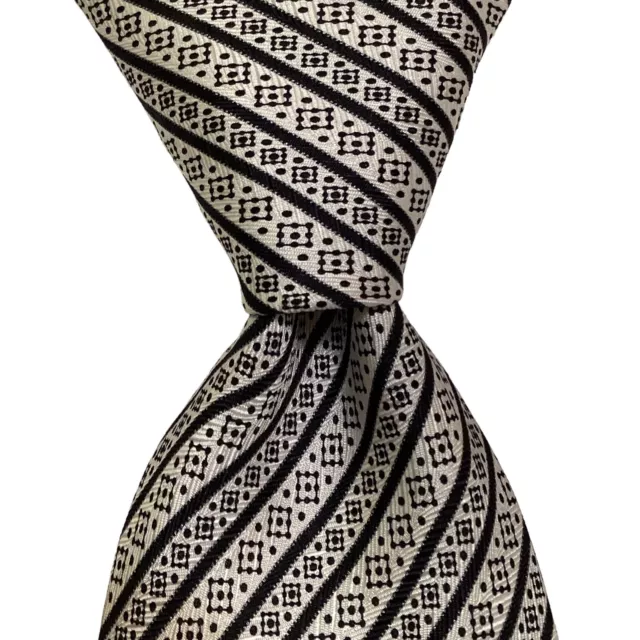 STEFANO RICCI Men's 100% Silk XL Necktie ITALY Luxury STRIPED White/Black EUC