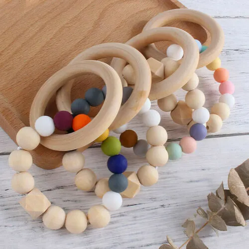 Teether Toys Natural Wooden Ring Silicone Beads Baby Teething Sensory Bracelets