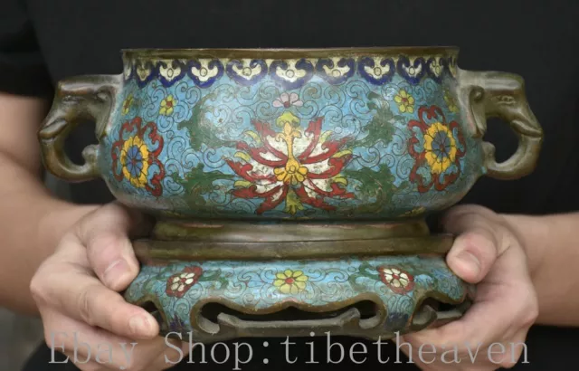 10.4" Old Chinese Copper Cloisonne Dynasty Elephant Ear Base Incense Burner