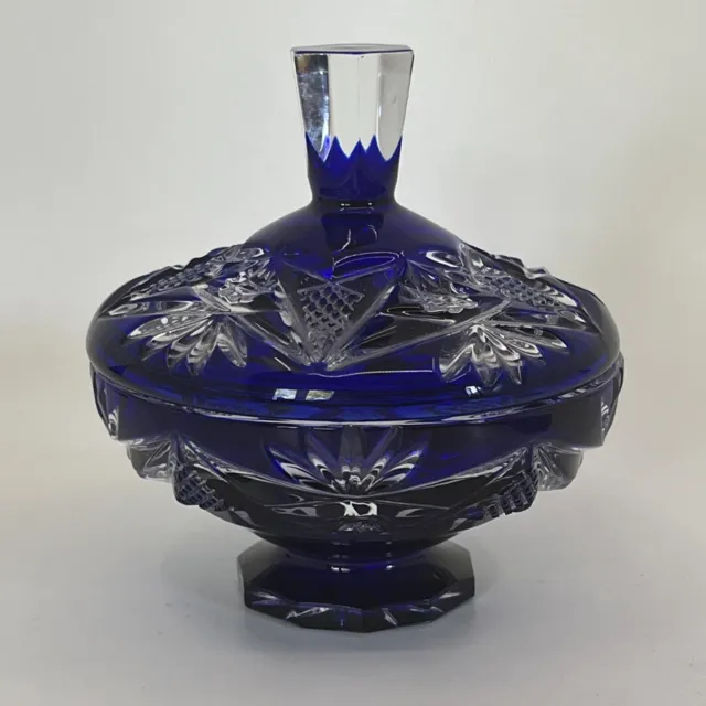 Vintage Cobalt Blue Cut To Clear Crystal 4” Bowl w/ Lid Dresser Jar Candy Dish