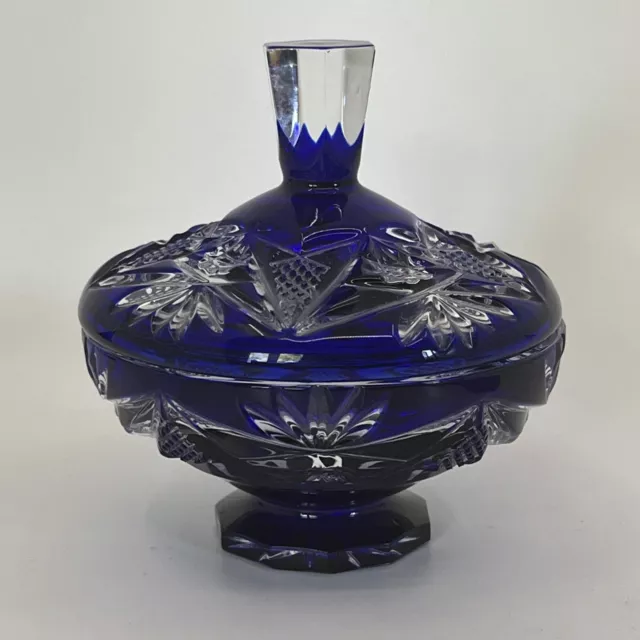 Vintage Cobalt Blue Cut To Clear Crystal 4” Bowl w/ Lid Dresser Jar Candy Dish Vintage Cobalt Blue Cut To Clear Crystal 4” Bowl w/ Lid Dresser Jar Candy Dish