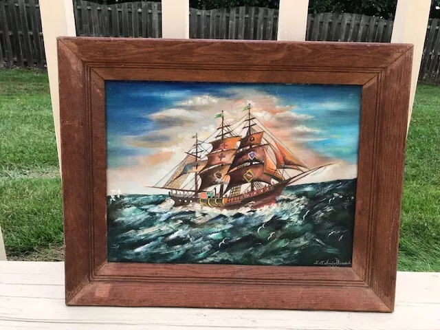 Vintage Clipper Ship Nautical Folk Art Oil Painting L.A. Smialkowski NJ Artist