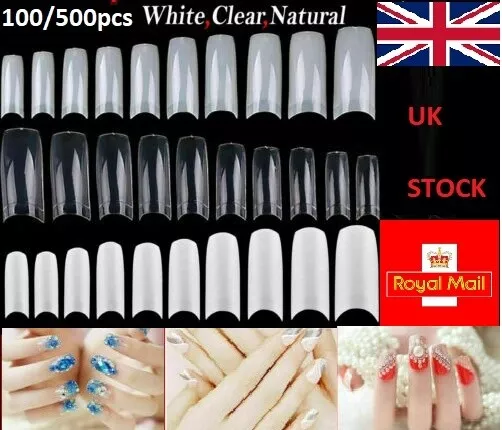 100 / 500 False Artificial French Nail Art Acrylic Tips White Clear Natural UV