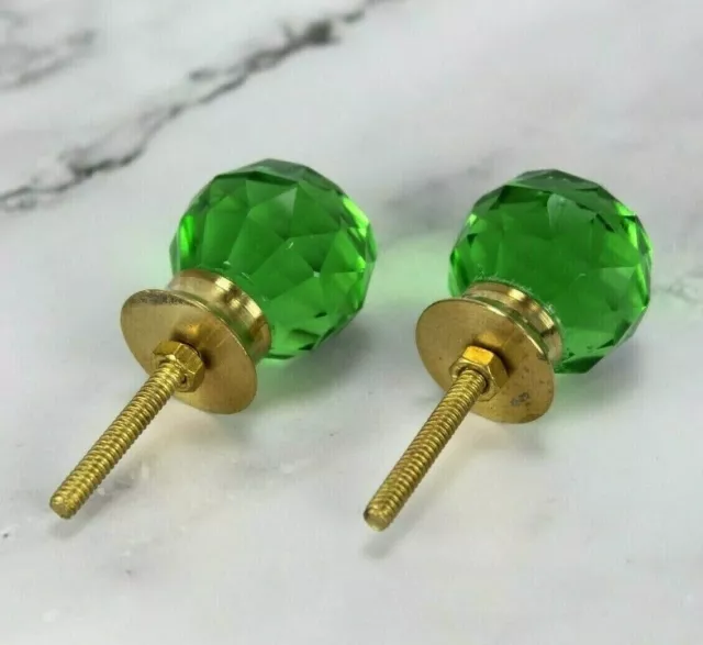 Vintage Victorian Style Cut Glass Door Knobs: Green Crystal Brass Knob Set, Pair