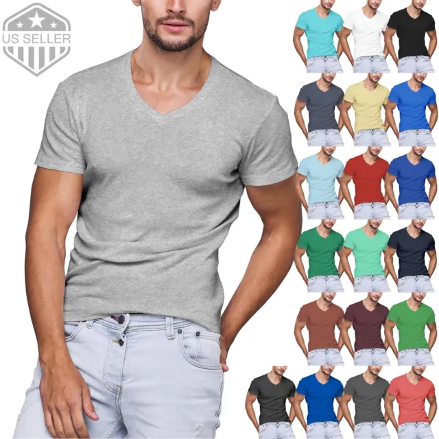 Mens V Neck T Shirts Plain Basic Tee Short Sleeve Cotton Big Size Casual Slim