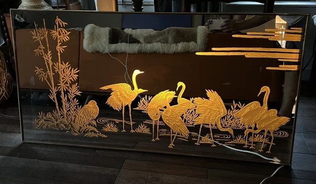Vintage Wall Mirror Back Lit Etched Birds MCM Large Brass Oriental Heron Beach