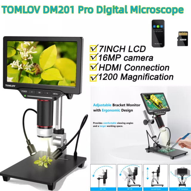 TOMLOV DM201 Pro 7" Digital Microscope 1080P 1200X Magnifier PCB soldering 32GB