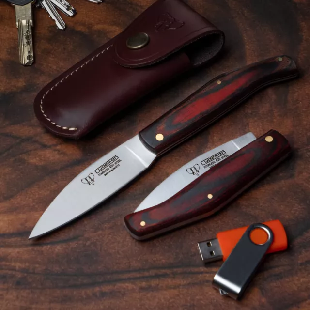 Navaja CUDEMAN Campera Hoja 9 cm. Mango de Estamina Roja. Funda de Cuero. 443-RF