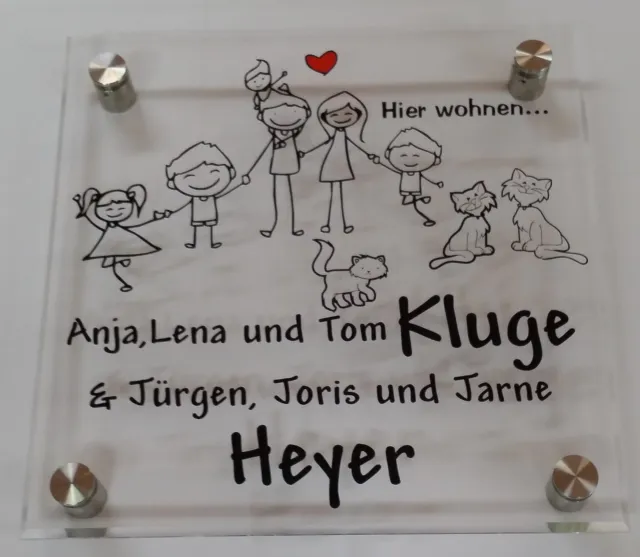 Patchwork Familie mit Hund  Katze Namensschild  Türschild  Sicherheitsglas