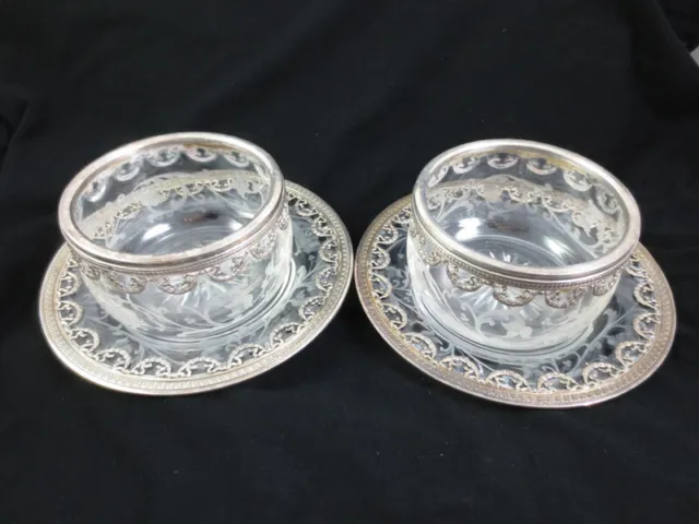 RARE Pair Antique 1879 French Sterling Silver & Etched Glass Bowl Plate Set