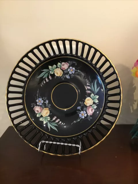 Vintage Westmoreland Black Glass Handpainted Roses 11" Bowl Spoke Rim Gold Edge