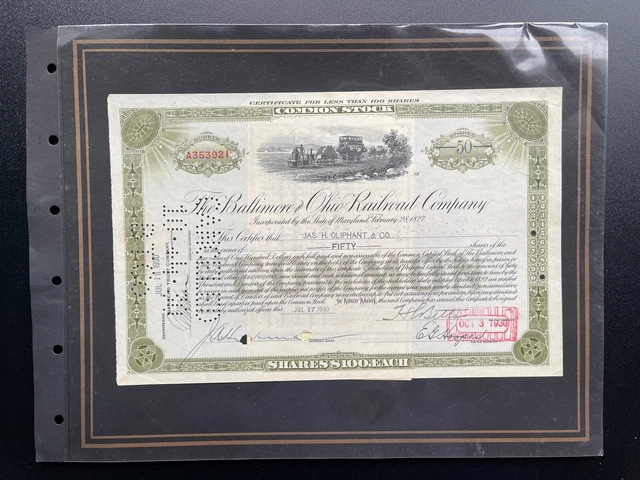Hist. Rare Partager 1930 The Baltimore&ohio Railroad Compagnie Env. 29x19cm 1708