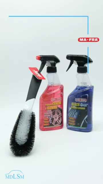 Kit Mafra Lavaggio Completo Cerchi Auto Spazzola Pulitore Cerchi E Nero Gomme