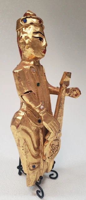 Antique Gilt Wood & Glass Stones Burmese Musician Wall Hanger Gold Statue 3