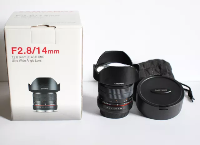 Samyang 14mm f2.8 ED AS IF UMC Ultra Wide Angle Lens for Canon EF in box.