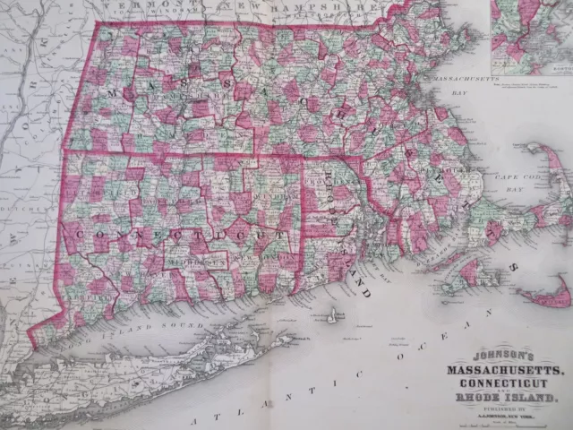 Massachusetts Connecticut Rhode Island Boston 1867 A.J. Johnson Scarce Issue map