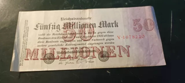 billet uniface de 50 millionen mark Allemagne septembre 1923