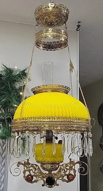 Antique Victorian Hanging Parlor Oil Lamp Prisms Yellow  Shade& Font Jeweled Wow