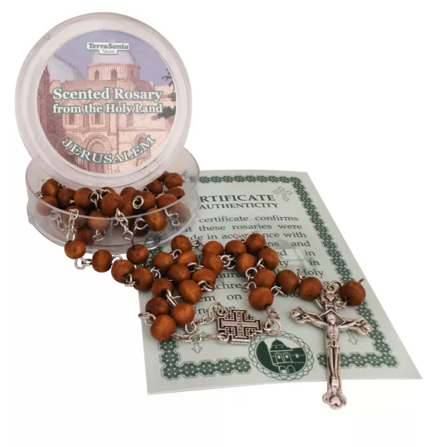 Scented Catholic Brown Wooden Rosary Prayer Beaded Jerusalem Cross Crucifix 18.5