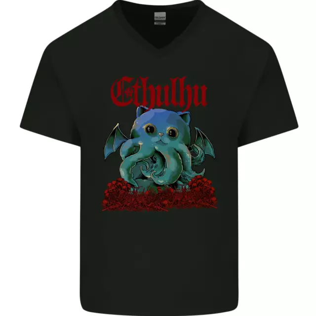 T-shirt da uomo collo a V cotone Cathulhu divertente gatto Cthulhu parodia Kraken