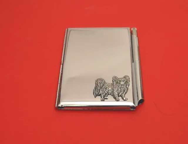 Papillon Dog Motif on Chrome Notebook / Card Holder & Pen Christmas Gift