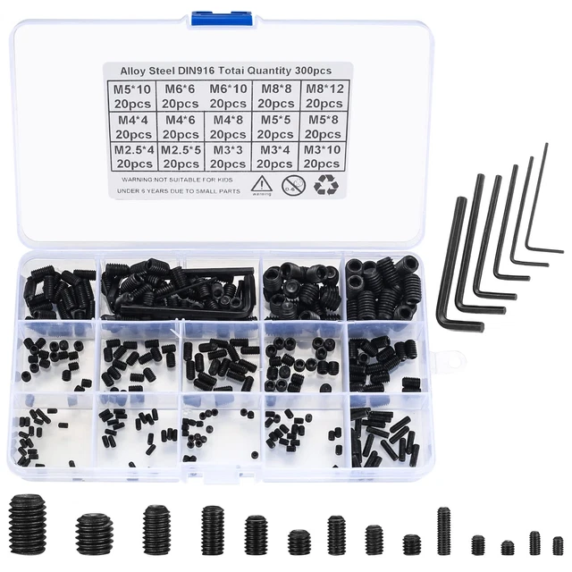 300 Pcs Set Screw Assortment Kit Allen Head Hex Socket Grub Head Screw Set