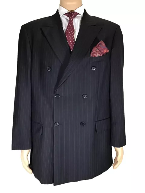 Hugo Boss Vintage Men Black Striped Double Breasted Wool Suit Jacket Blazer 44R