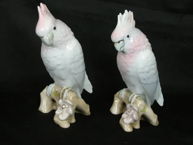 2 Vintage Royal Dux Bohemia Porcelain Cockatoo Figurines Pink Accent 1 defective