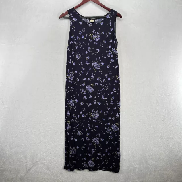 Vintage Dress Womens 10 Petite Blue Floral Midi 90s Sleeveless Rayon Grunge
