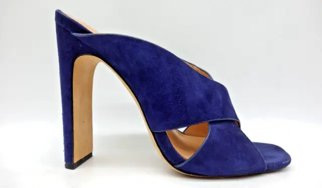 Halston Blue Suede Leather Slip On High Heel Peep Toe Dress Shoes Womens 7