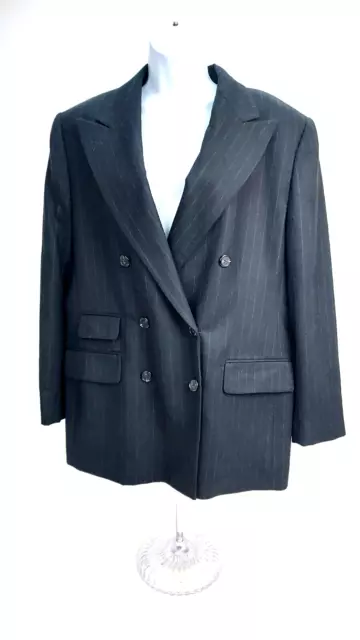 Lauren Ralph Lauren Woman Sz 16 Black Pinstripe Double Breasted Wool Suit Jacket