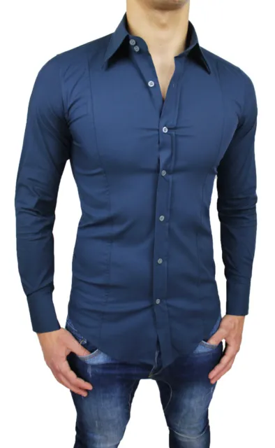 Camicia Uomo Casual Blu Slim Fit Super Aderente Elasticizzata  S M L Xl Xxl 3Xl