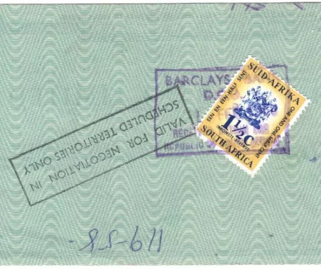 GB TRAVELLER'S CHEQUE £10 Barclays Bank SOUTH AFRICA 1½c Revenue Stamp 1967 KA89