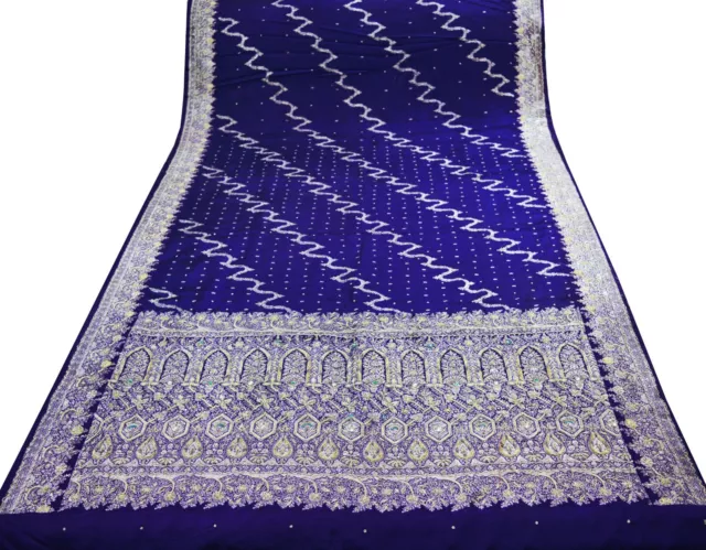 Vintage Blue Heavy Saree Pure Satin Silk Hand Beaded Brocade Indian Sari 5yd 2