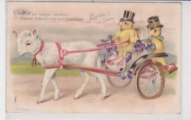 907974 Künstler Ak Fröhliche Ostern Lamm mit Kutsche aus Ei und Küken 1901