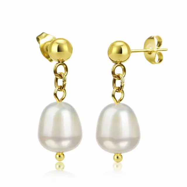 Femme Boucles D'Oreilles Or Perles D'Eau Douce 18 Carat Doré Imperméable O3393D