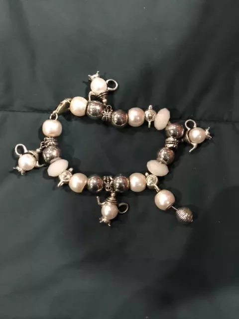 Bracelet - silver and white beads, teapot beads, 4 charms
