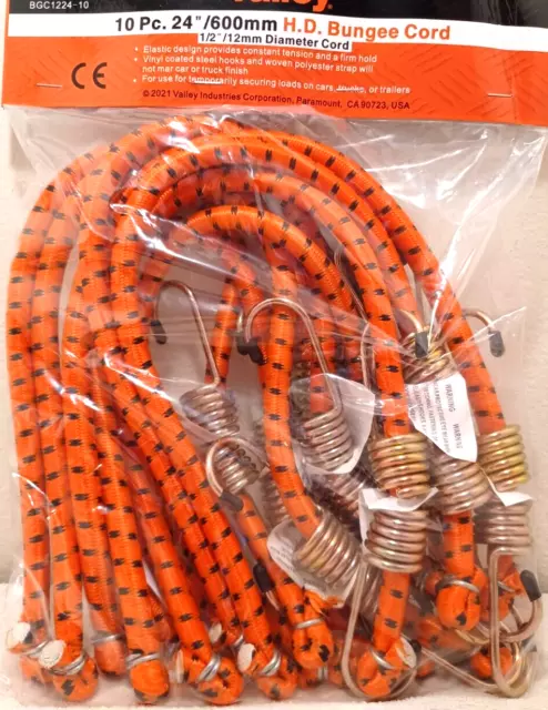 Bungee Cord Heavy Duty 10 Pc. Set 24" Inch  Orange Tie Down Strap Bungy