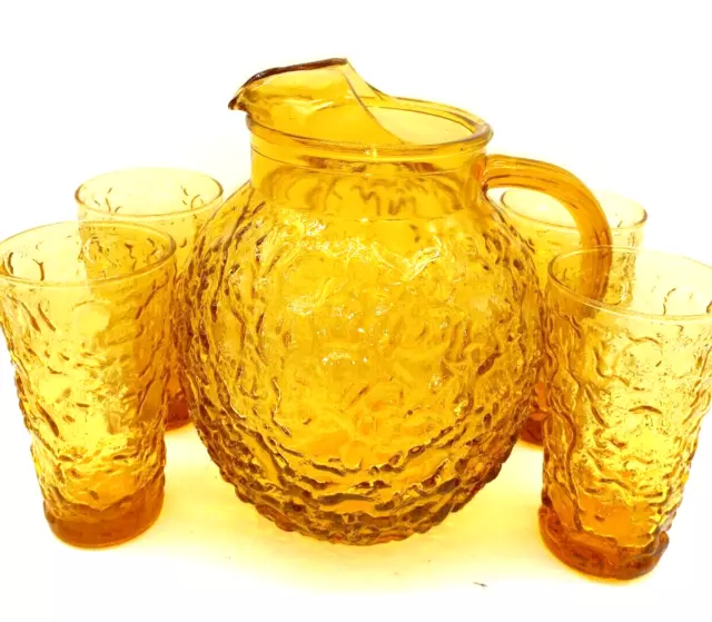 Anchor Hocking Lido Milano Crinkle Amber Honey Ball Pitcher 4 Drinking Glasses