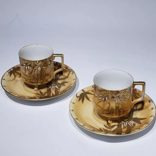 Lot of 2 Shofu Hand Painted Bamboo 3 Footed Demitasse Cup Saucer Sets Gold Trim