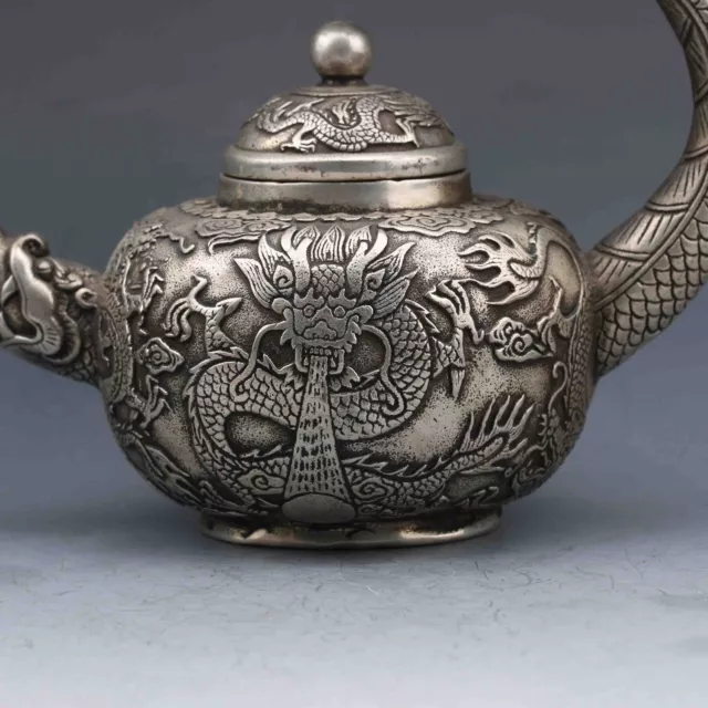 Collection Chinese Tibetan silver hand-carved dragon teapot 3