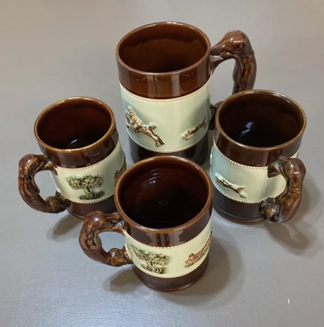 Lot of 4 Vintage Bourne Denby Derby Fox Hunting Mugs Made In England 4" and 5"