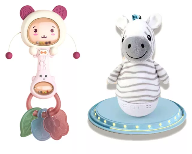 2 in 1 Baby Animal Shape Rattle Teether and Tumbler Night Light Soft Stuffed Toy