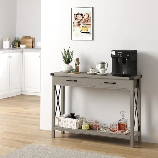 Farmhouse Console Table W/2 Drawer and Storage Shelf Accent Wood Entryway Table