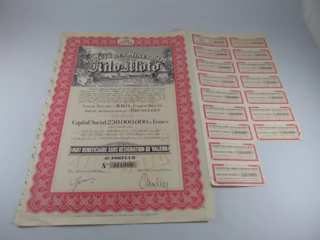 1944 Share Certificate Gold Mining Company Brussels Belgium Ephemera Original
