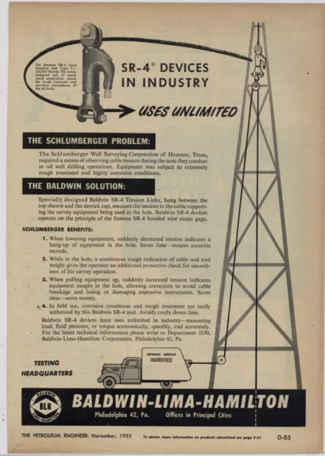 1953 Baldwin Lima Hamilton Ad: SR-4 Tension Links for Schlumberger Oil Well Apps