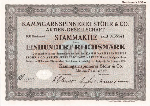 Kammgarnspinnerei Stöhr & Co. AG Leipzig historische Textil Aktie 1932 Sachsen