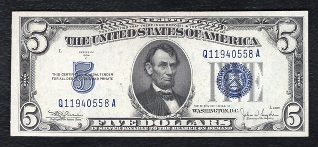 1934-C $5 Five Dollars Silver Certificate Currency Note Gem Uncirculated