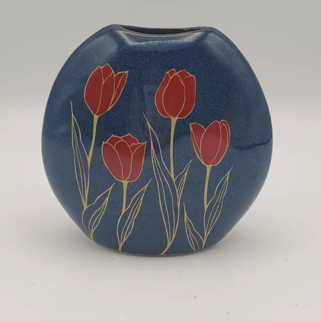 Vintage OMC Otagiri Bud Vase Blue With Red Gold Tulips