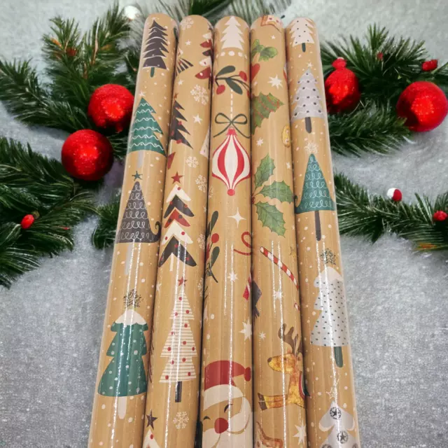 Kraft Weihnachtsgeschenkpapier 5 Rollen je 2m x 70 cm aus Recyclingpapier